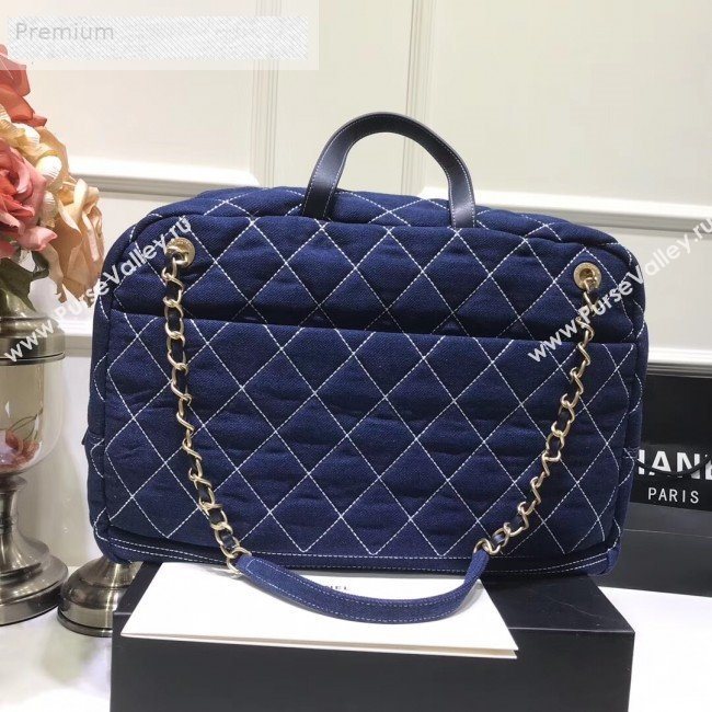 Chanel Quilted Denim Boarding Package Luggage Top Handle Bag Blue 2019 (JIY-9070629)