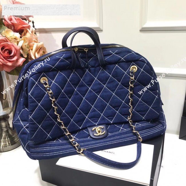 Chanel Quilted Denim Boarding Package Luggage Top Handle Bag Blue 2019 (JIY-9070629)