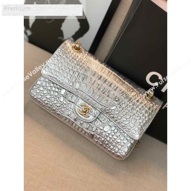 Chanel Metallic Crocodile Embossed Calfskin Medium Classic Flap Bag A01112 Silver 2019 (FM-9070636)