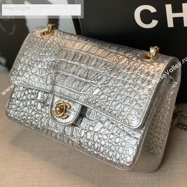 Chanel Metallic Crocodile Embossed Calfskin Medium Classic Flap Bag A01112 Silver 2019 (FM-9070636)