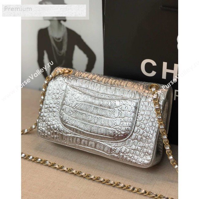 Chanel Metallic Crocodile Embossed Calfskin Medium Classic Flap Bag A01112 Silver 2019 (FM-9070636)