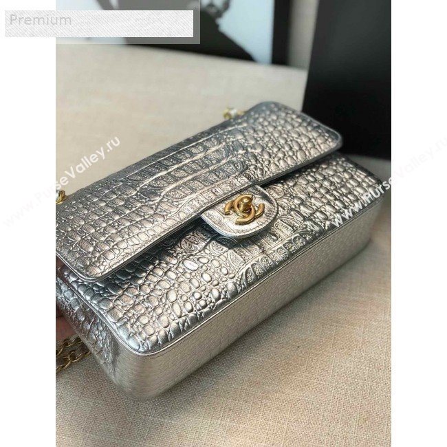 Chanel Metallic Crocodile Embossed Calfskin Medium Classic Flap Bag A01112 Silver 2019 (FM-9070636)