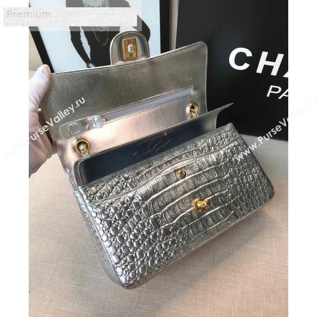 Chanel Metallic Crocodile Embossed Calfskin Medium Classic Flap Bag A01112 Silver 2019 (FM-9070636)