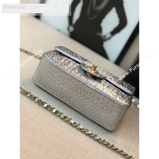 Chanel Metallic Crocodile Embossed Calfskin Small Classic Flap Bag A01113 Silver 2019 (FM-9070635)