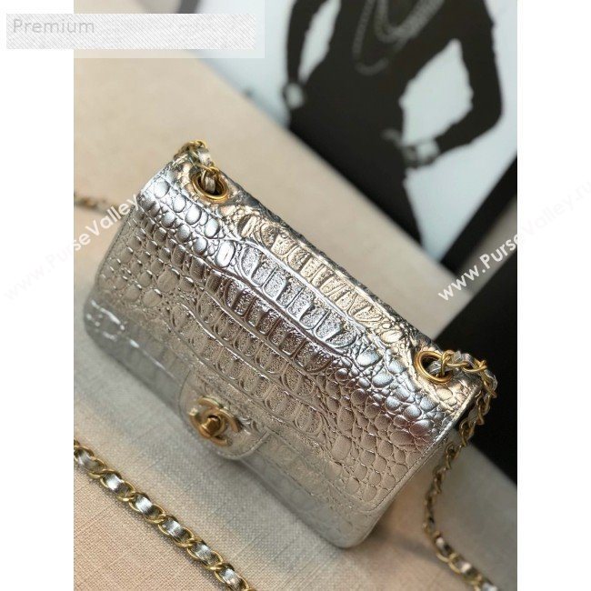 Chanel Metallic Crocodile Embossed Calfskin Small Classic Flap Bag A01113 Silver 2019 (FM-9070635)