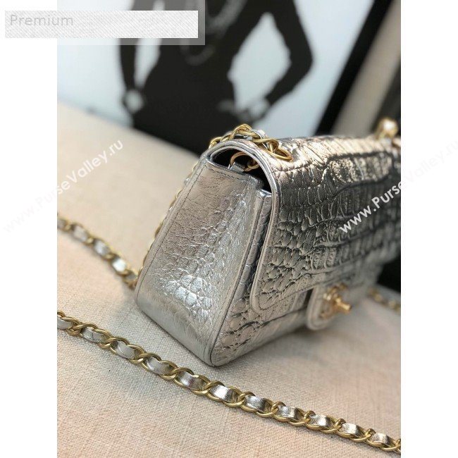 Chanel Metallic Crocodile Embossed Calfskin Small Classic Flap Bag A01113 Silver 2019 (FM-9070635)