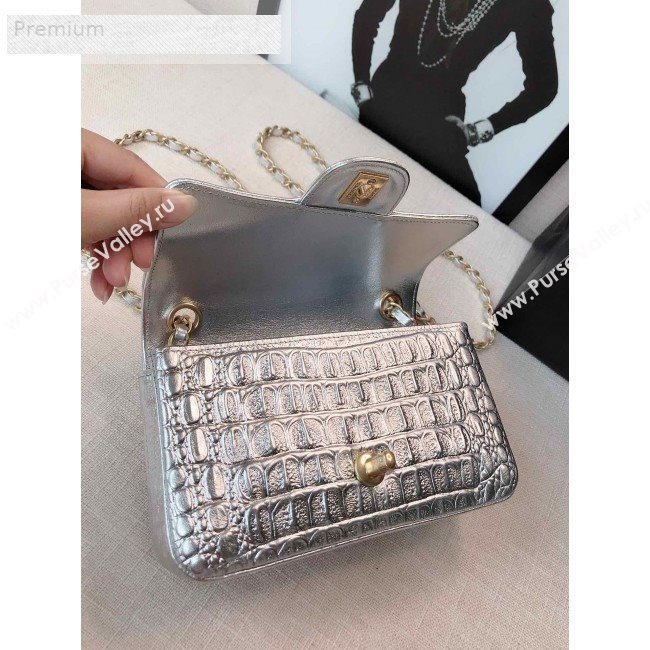 Chanel Metallic Crocodile Embossed Calfskin Small Classic Flap Bag A01113 Silver 2019 (FM-9070635)