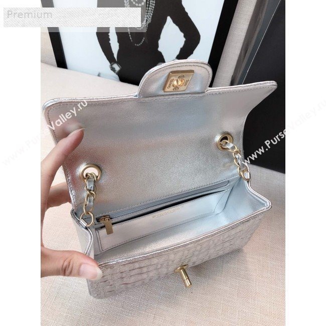Chanel Metallic Crocodile Embossed Calfskin Small Classic Flap Bag A01113 Silver 2019 (FM-9070635)