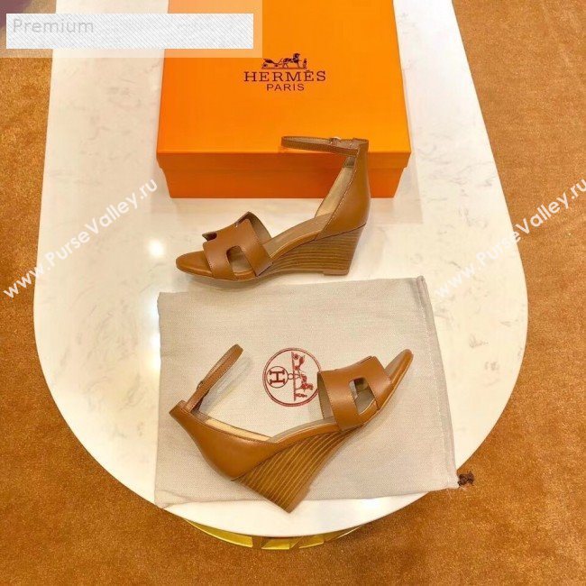 Hermes H Calfskin Mid-Heel Ankle Strap Wedge Sandals Brown 2019 (1054-9070428)