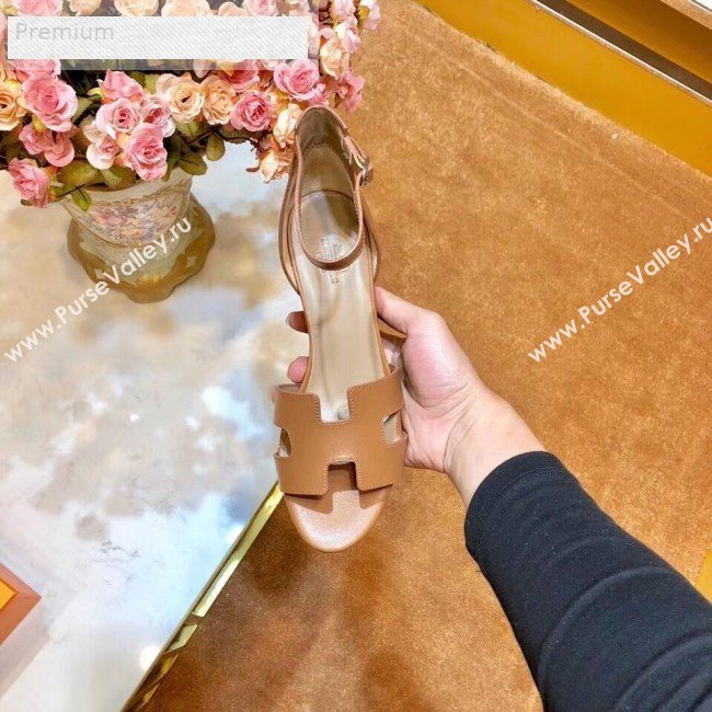 Hermes H Calfskin Mid-Heel Ankle Strap Wedge Sandals Brown 2019 (1054-9070428)