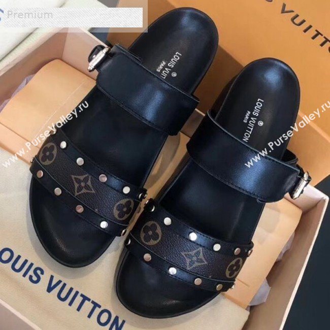 Louis Vuitton Bom Dia Studs Monogram Leather Flat Sandals 1A4WWS Black 2019 (CSBL-9070439)