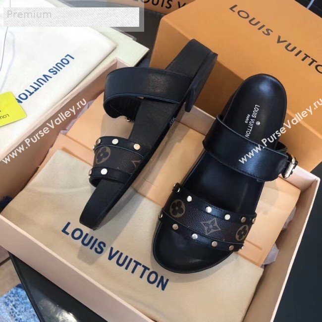 Louis Vuitton Bom Dia Studs Monogram Leather Flat Sandals 1A4WWS Black 2019 (CSBL-9070439)