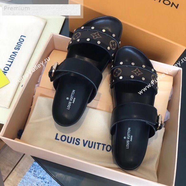 Louis Vuitton Bom Dia Studs Monogram Leather Flat Sandals 1A4WWS Black 2019 (CSBL-9070439)