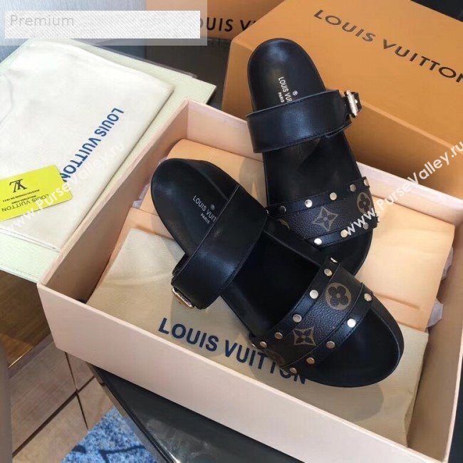 Louis Vuitton Bom Dia Studs Monogram Leather Flat Sandals 1A4WWS Black 2019 (CSBL-9070439)