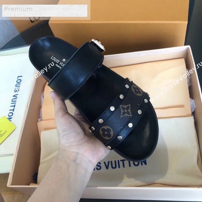 Louis Vuitton Bom Dia Studs Monogram Leather Flat Sandals 1A4WWS Black 2019 (CSBL-9070439)