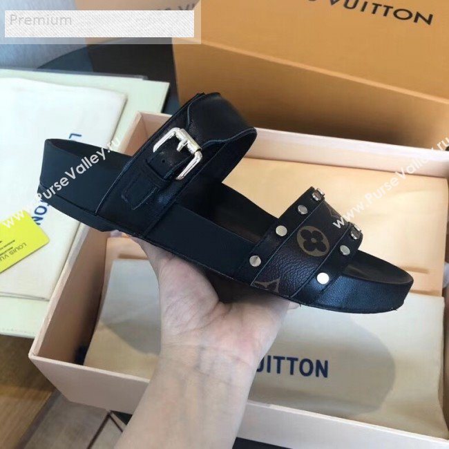 Louis Vuitton Bom Dia Studs Monogram Leather Flat Sandals 1A4WWS Black 2019 (CSBL-9070439)