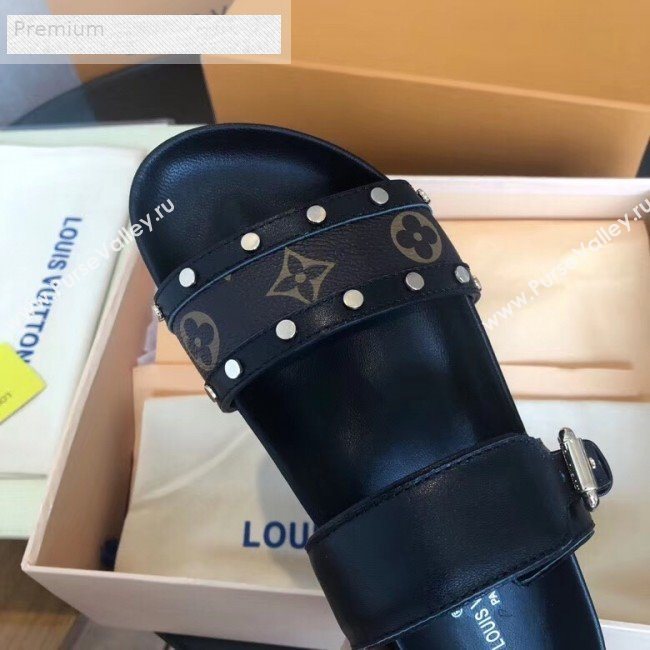 Louis Vuitton Bom Dia Studs Monogram Leather Flat Sandals 1A4WWS Black 2019 (CSBL-9070439)