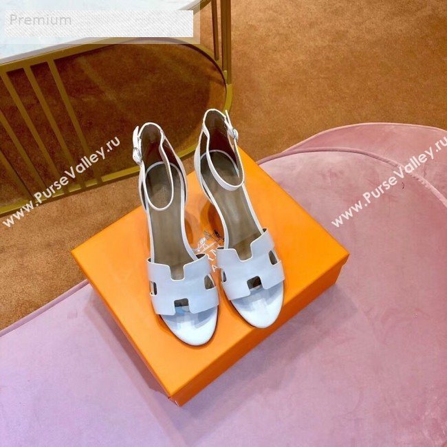 Hermes H Calfskin Mid-Heel Ankle Strap Wedge Sandals White 2019 (1054-9070426)