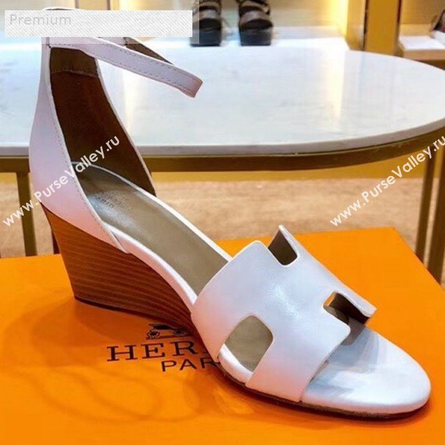 Hermes H Calfskin Mid-Heel Ankle Strap Wedge Sandals White 2019 (1054-9070426)