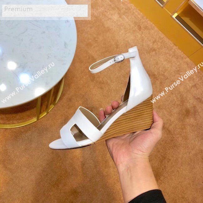 Hermes H Calfskin Mid-Heel Ankle Strap Wedge Sandals White 2019 (1054-9070426)