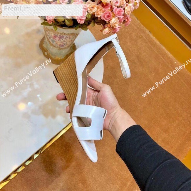 Hermes H Calfskin Mid-Heel Ankle Strap Wedge Sandals White 2019 (1054-9070426)