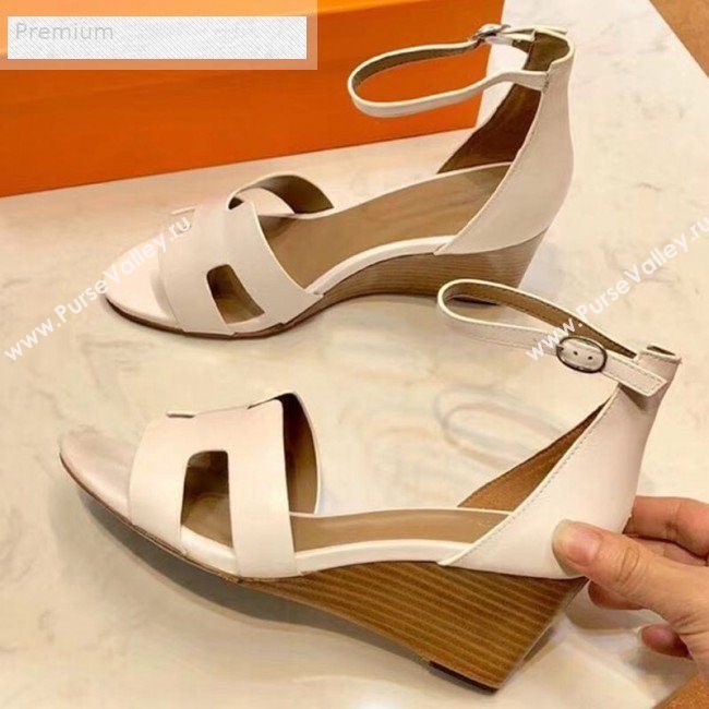 Hermes H Calfskin Mid-Heel Ankle Strap Wedge Sandals White 2019 (1054-9070426)