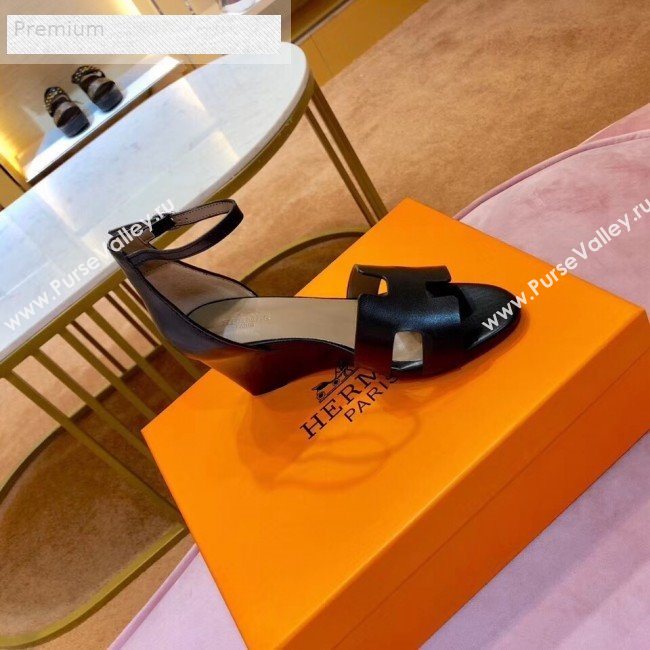 Hermes H Calfskin Mid-Heel Ankle Strap Wedge Sandals Black 2019 (1054-9070427)