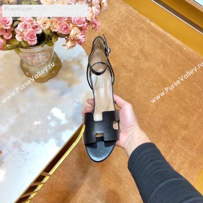 Hermes H Calfskin Mid-Heel Ankle Strap Wedge Sandals Black 2019 (1054-9070427)