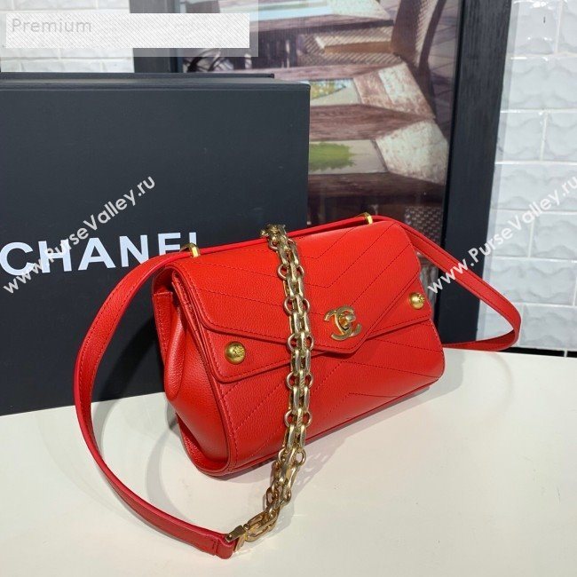 Chanel Chevron Calfskin Studded Charm Small Flap Bag Red 2019 (KAIS-9070814)