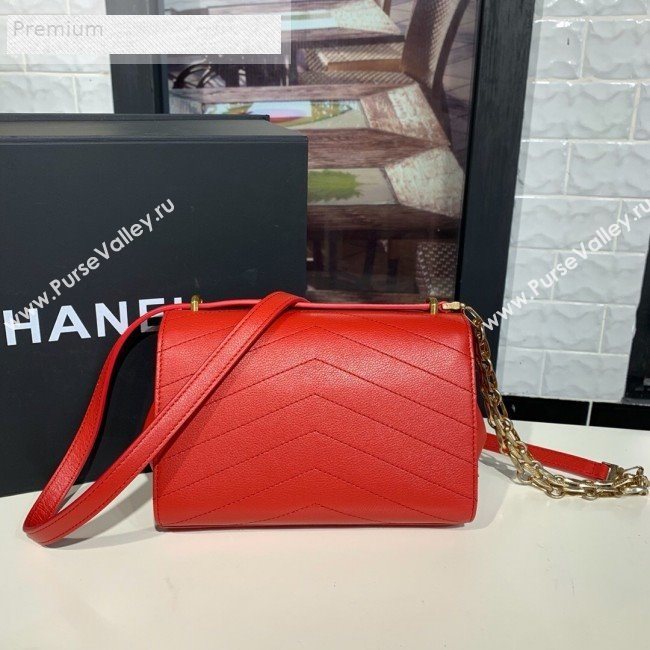 Chanel Chevron Calfskin Studded Charm Small Flap Bag Red 2019 (KAIS-9070814)