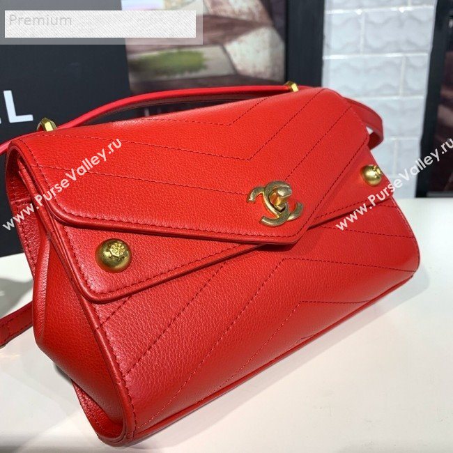 Chanel Chevron Calfskin Studded Charm Small Flap Bag Red 2019 (KAIS-9070814)