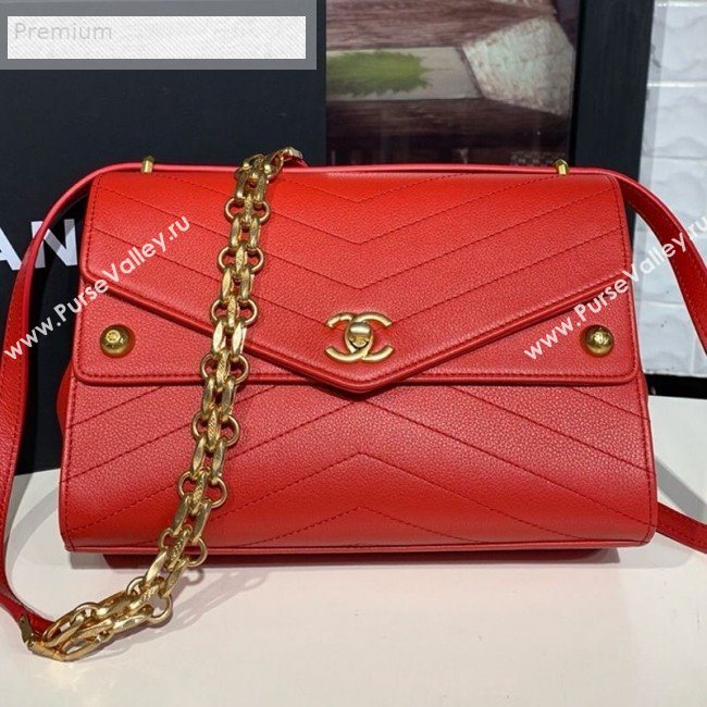 Chanel Chevron Calfskin Studded Charm Medium Flap Bag Red 2019 (KAIS-9070815)