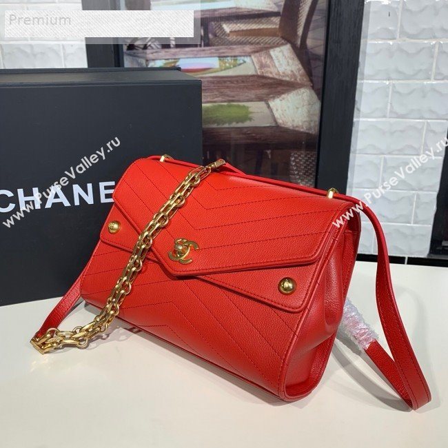 Chanel Chevron Calfskin Studded Charm Medium Flap Bag Red 2019 (KAIS-9070815)