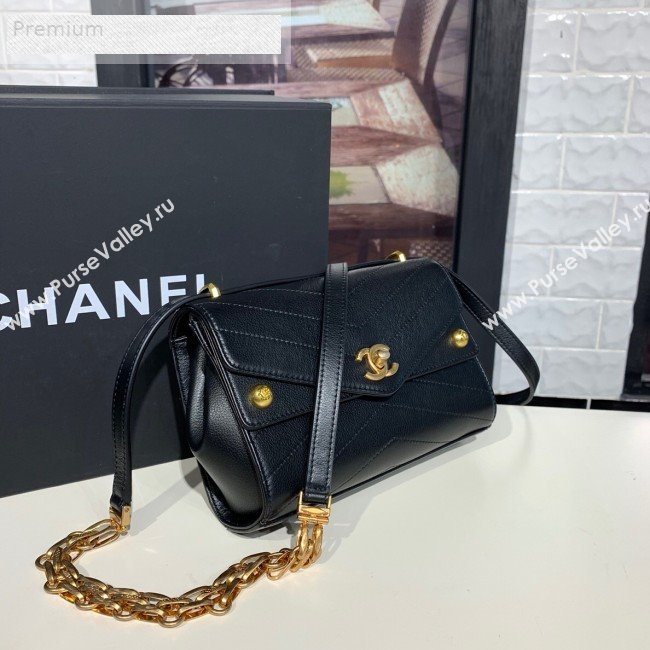 Chanel Chevron Calfskin Studded Charm Small Flap Bag Black 2019 (KAIS-9070816)