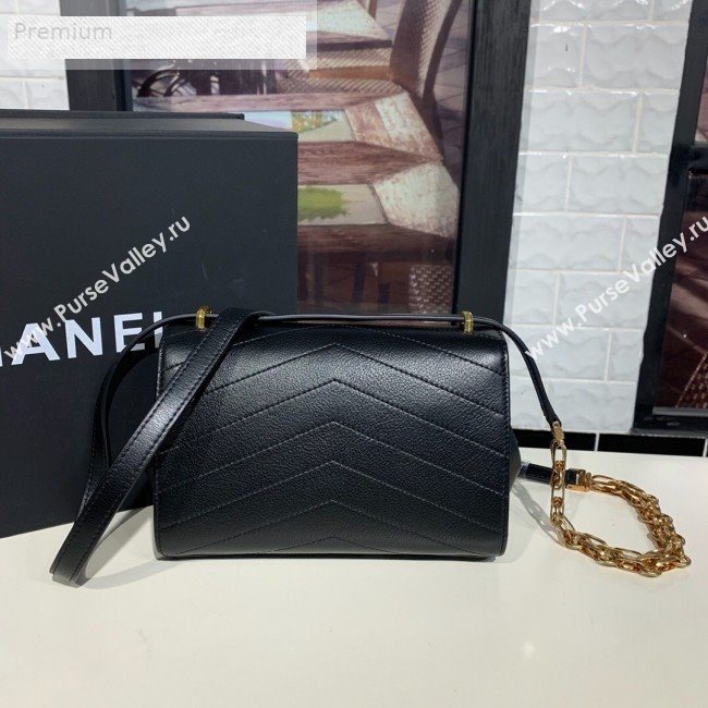 Chanel Chevron Calfskin Studded Charm Small Flap Bag Black 2019 (KAIS-9070816)