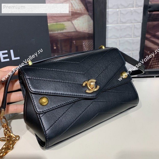 Chanel Chevron Calfskin Studded Charm Small Flap Bag Black 2019 (KAIS-9070816)