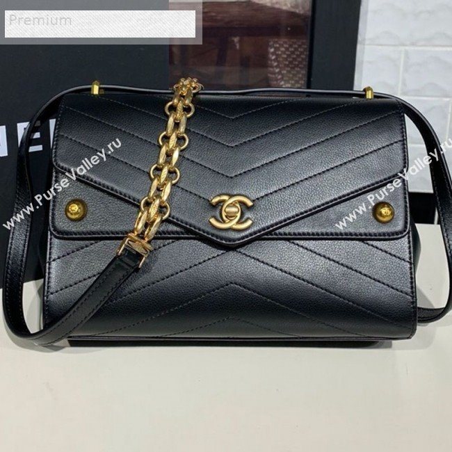 Chanel Chevron Calfskin Studded Charm Medium Flap Bag Black 2019 (KAIS-9070817)