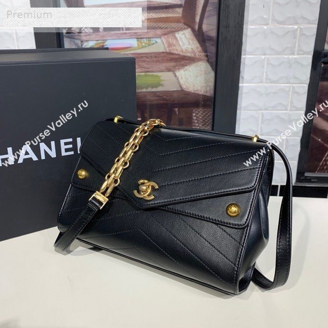 Chanel Chevron Calfskin Studded Charm Medium Flap Bag Black 2019 (KAIS-9070817)