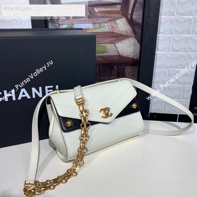 Chanel Chevron Calfskin Studded Charm Small Flap Bag White 2019 (KAIS-9070818)