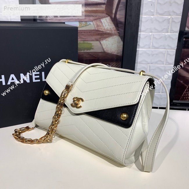 Chanel Chevron Calfskin Studded Charm Medium Flap Bag White 2019 (KAIS-9070819)