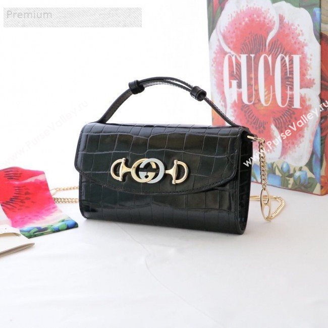 Gucci Zumi Crocodile Embossed Leather Mini Shoulder Bag 564718 Black 2019 (JM-9071308)