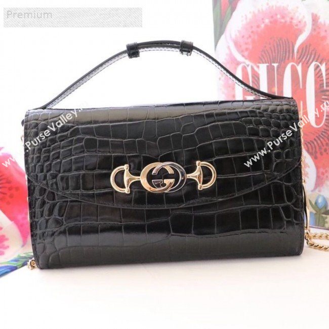 Gucci Zumi Crocodile Embossed Leather Small Shoulder Bag 572375 Black 2019 (JM-9071310)