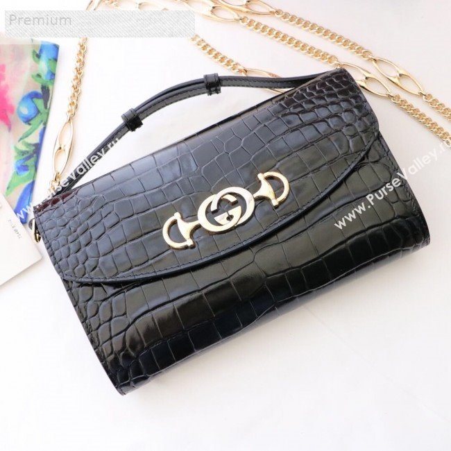 Gucci Zumi Crocodile Embossed Leather Small Shoulder Bag 572375 Black 2019 (JM-9071310)