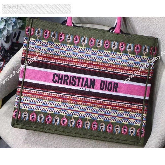Dior Book Tote in Embroidered Canvas Green/Pink 2019 (XXG-9071322)