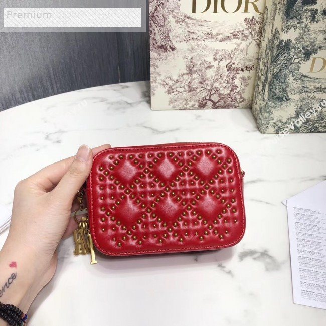 Dior Lady Dior Studded Lambskin Camera Case Shoulder Bag Red 2019 (LI-9071333)