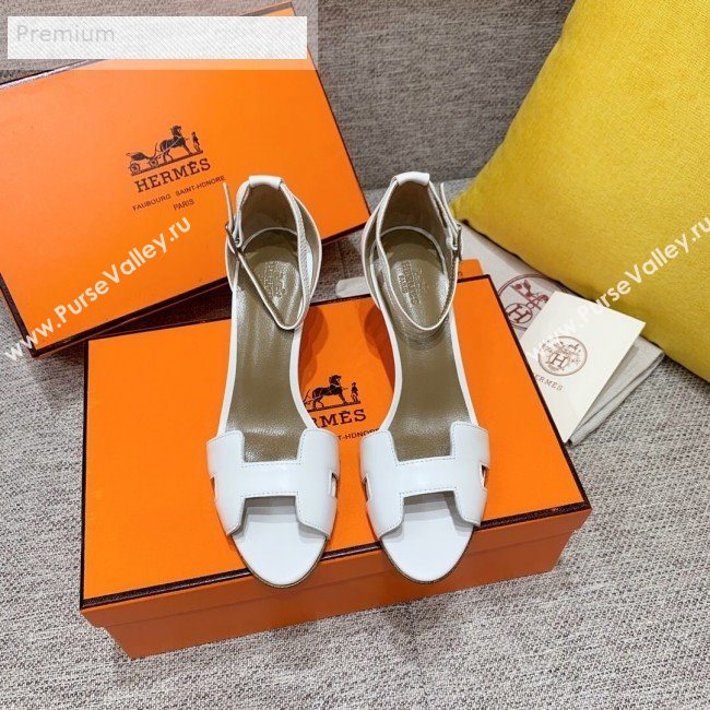 Hermes Premiere Smooth Leather Mid-Heel Ankle Strap Sandals White/Brown 2019 (HQG-9071934)