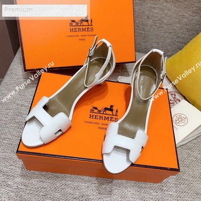 Hermes Premiere Smooth Leather Mid-Heel Ankle Strap Sandals White/Brown 2019 (HQG-9071934)