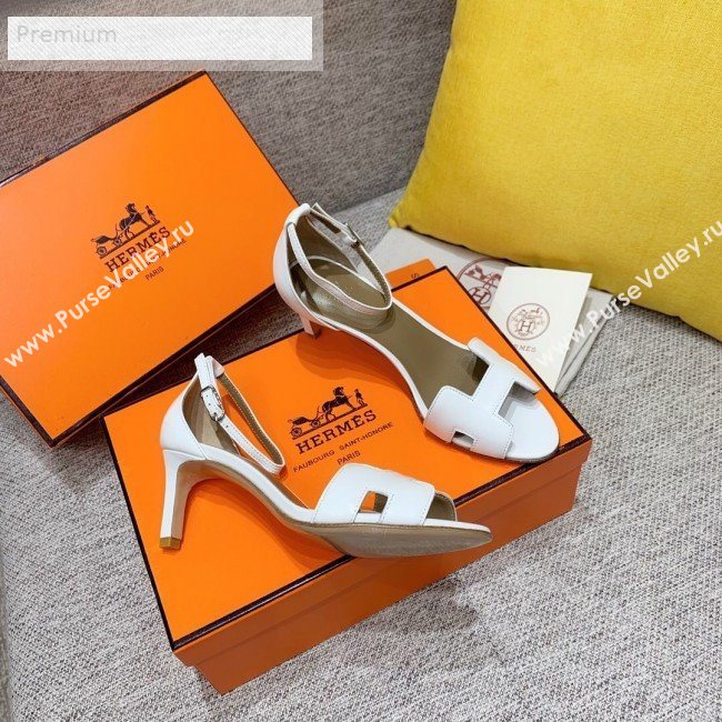 Hermes Premiere Smooth Leather Mid-Heel Ankle Strap Sandals White/Brown 2019 (HQG-9071934)