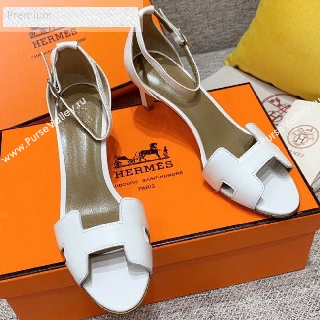 Hermes Premiere Smooth Leather Mid-Heel Ankle Strap Sandals White/Brown 2019 (HQG-9071934)