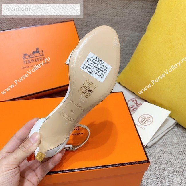 Hermes Premiere Smooth Leather Mid-Heel Ankle Strap Sandals White/Brown 2019 (HQG-9071934)